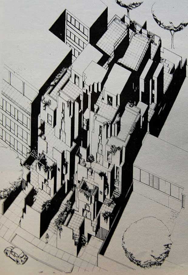 Edificio Multifamiliar Ajax en San Isidro, 1980, Emilio SoyerPlanos obtenidos del documento de la Bienal V del Colegio de Arquitectos del Perú. Noviembre de 1983.