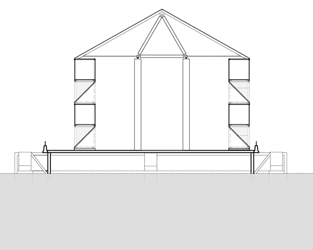 La estructura del techo agudiza el efecto de perspectiva y crea un sentir de entrar en un santuario con escenas que nos recuerdan la relación primordial entre aquellos que habitan la Tierra