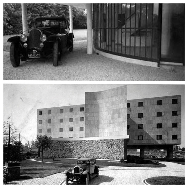 Planta baja de la Ville Savoye con Le Corbusier al volante. Zona de acceso de vehículos del Pavillon Suisse