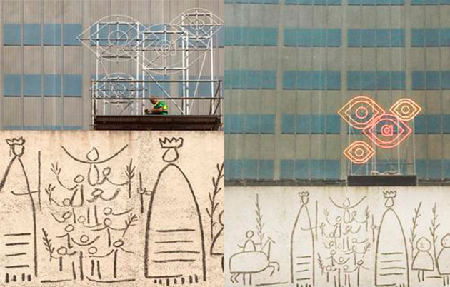 Montaje de la Imagen del Congreso de Arquitectura en la fachada del edificio del Colegio Oficial de Arquitectos de Cataluña. © Fernando Gil