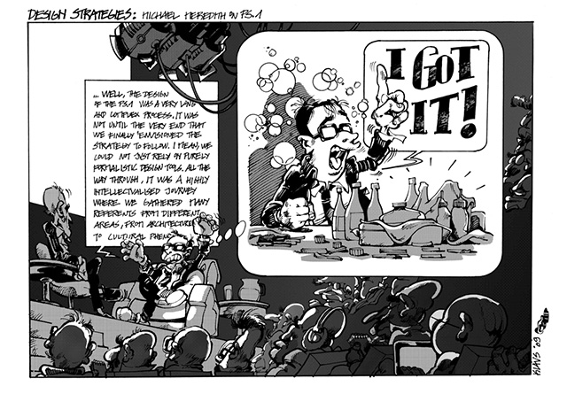 "On the Sources of Form: MOS’s Ps.1", una de las varias tiras pertenecientes a la etapa de Klaus en el GSD que arrojan una mirada irónica a la propuesta ganadora de MOS para el concurso del MoMA Ps1 de 2009.