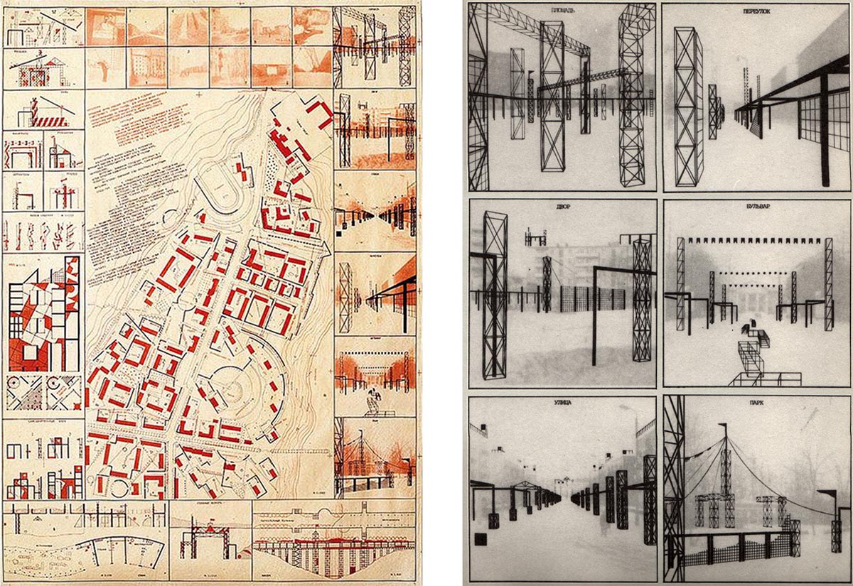 Y. Avvakumov y Estudio de estudiantes de MARKhI Ciudad-Club 1984. Detalles plaza, carril, patio, bulevar, calle, parque