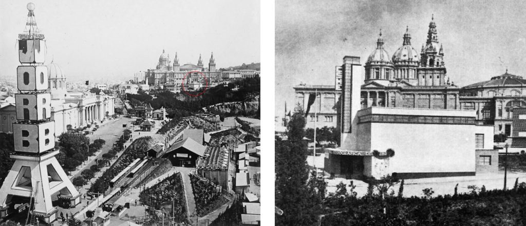 Vista del Pabellón para la C.H.E. con el Palau Nacional detrás y el Pabellón de Yugoslavia a la derecha.