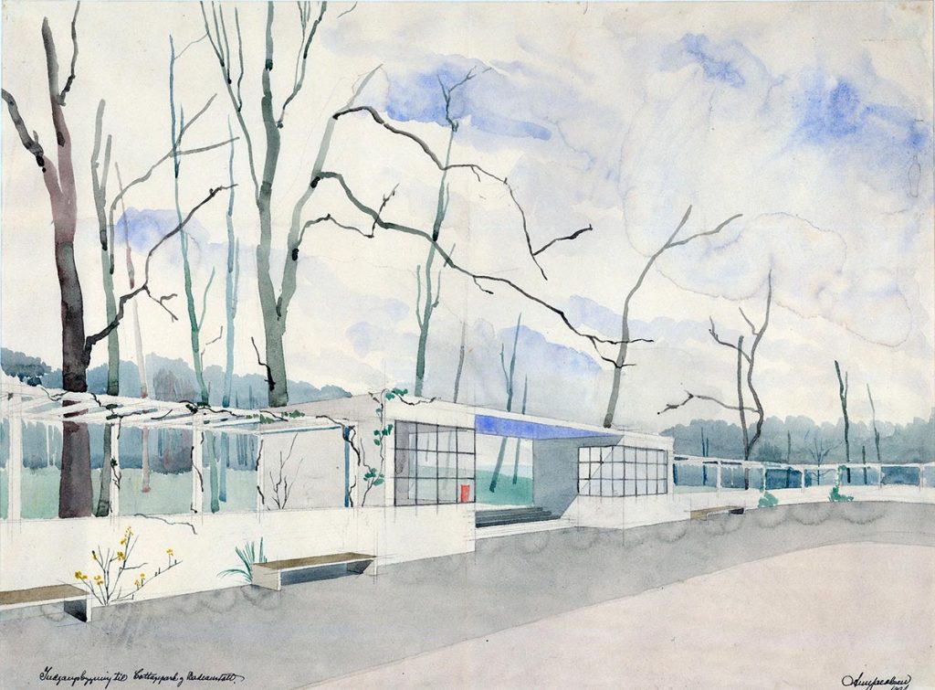 Acuarela del Pabellón de Acceso a la playa Bellevue según propuesta de Arne Jacobsen para el concurso de proyectos de 1931.