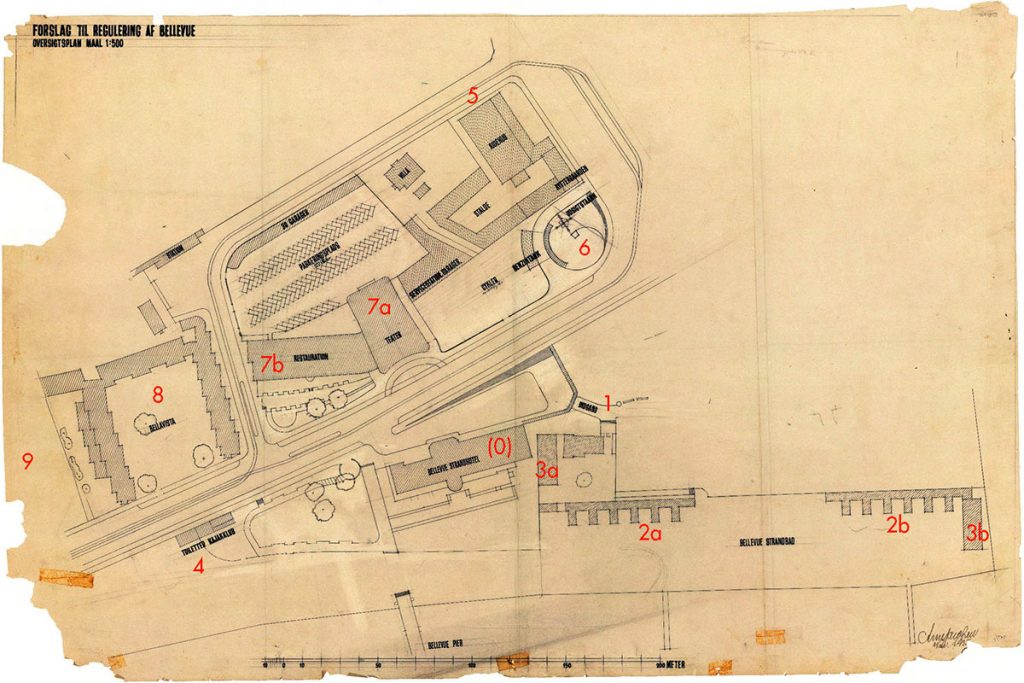 Arne Jacobsen Plano original del conjunto de edificios proyectados para Bellevue (noviembre de 1935). Leyenda (0) Antiguo Hotel de la Playa existente en Klampenborg. (1) Pabellón de acceso al recinto de playa. (2a2b) Vestuarios femeninosmasculinos. (3a3b) Aseos femeninosmasculinos. (4) Club de piragüismo. (5) Escuela de hípica ‘Mattsson’. (6) Torre-mirador con el restaurante giratorio no construido. (7a7b) Teatro ‘Bellevue’ y restaurante adyacente. (8) Bloque de apartamentos ‘Bellavista’. (9) Futura ubicación del residencial ‘Soholm’ donde Jacobsen ubicaría su casa-estudio en 1951.