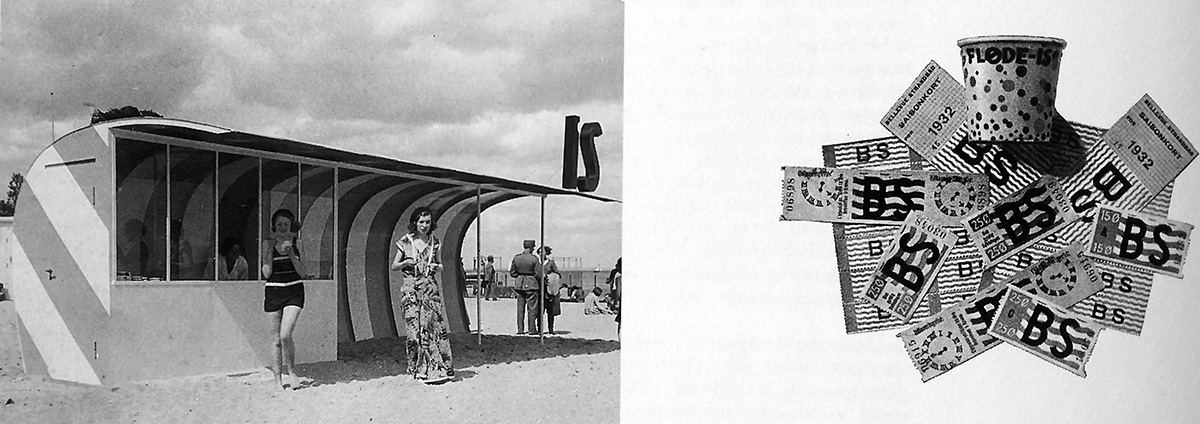 Arne Jacobsen Puesto de venta de helados (izqda.) y diseño de tickets y tarrina de helados para la playa Bellevue (dcha.)