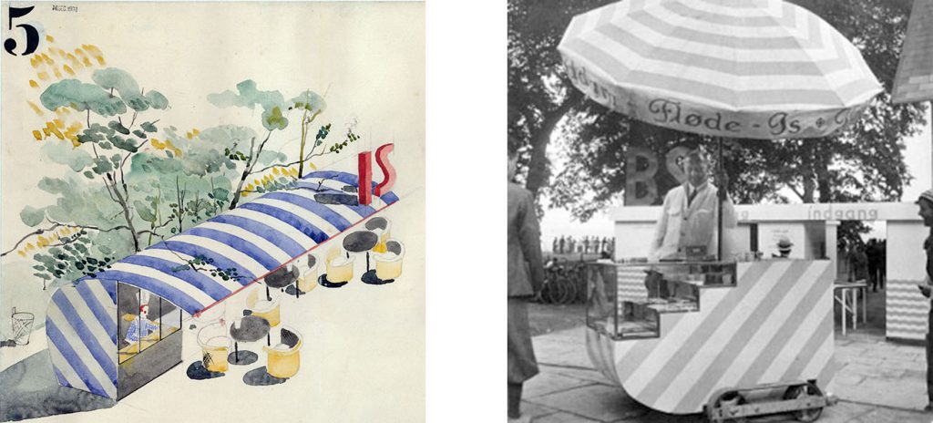 Arne Jacobsen Puesto de venta de helados (“IS” en danés) y carrito móvil para venta de souvenirs y otros artículos para la apertura de la playa de Bellevue en 1932.