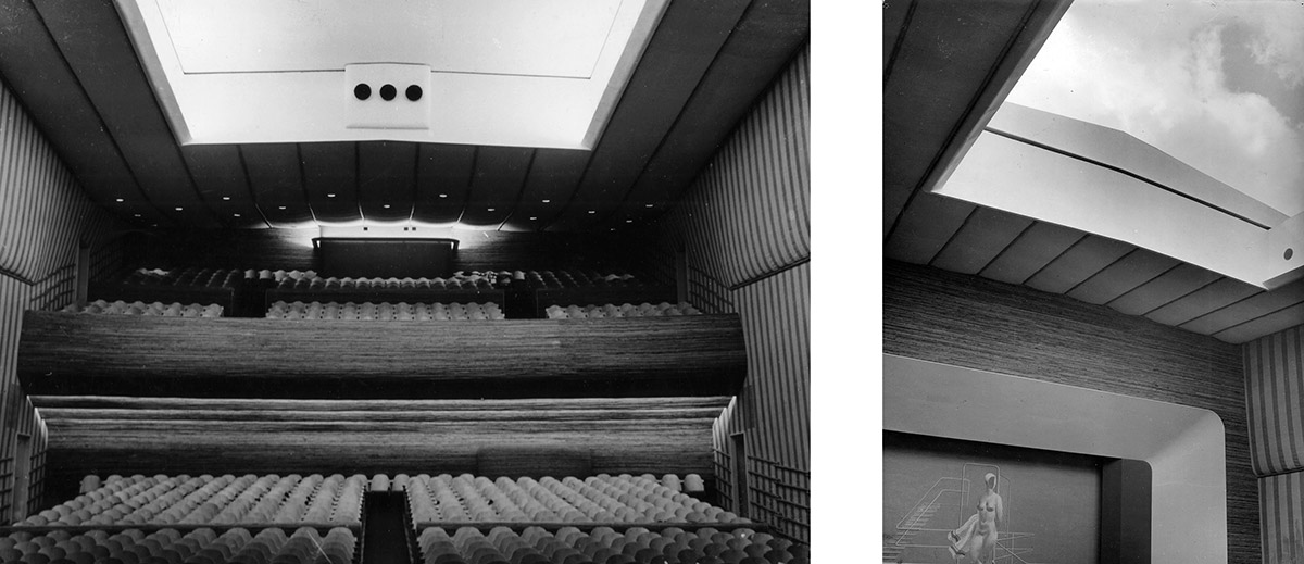 Arne Jacobsen: Interior del Teatro ‘Bellevue’ (1935-37) con el patio de butacas convertido en suave oleaje, las paredes tapizadas con franjas de color azul y blanco, y el techo abierto al cielo.