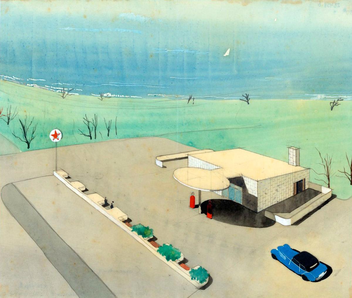 Perspectiva en acuarela del proyecto para la estación de servicio de la compañía ‘Texaco’ proyectada por Arne Jacobsen en 1937.