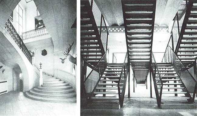 Escaleras en el Hotel Guenegaud des Brosses, de Mansart, 1653; y escaleras rampa del Instituto La Llauna, Enric Miralles y Carme Pinós, 1984-86. Incluidas en Arquitectura Viva nº35, marzo-abril 1994, págs. 114-115.