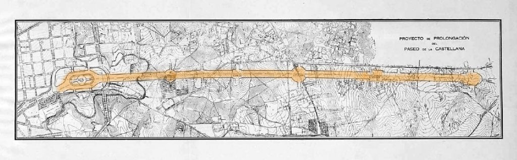 Proyecto de prolongación del Paseo de la Castellana publicado en 1929 por el Ayuntamiento de Madrid en su memoria “Información sobre la ciudad”.