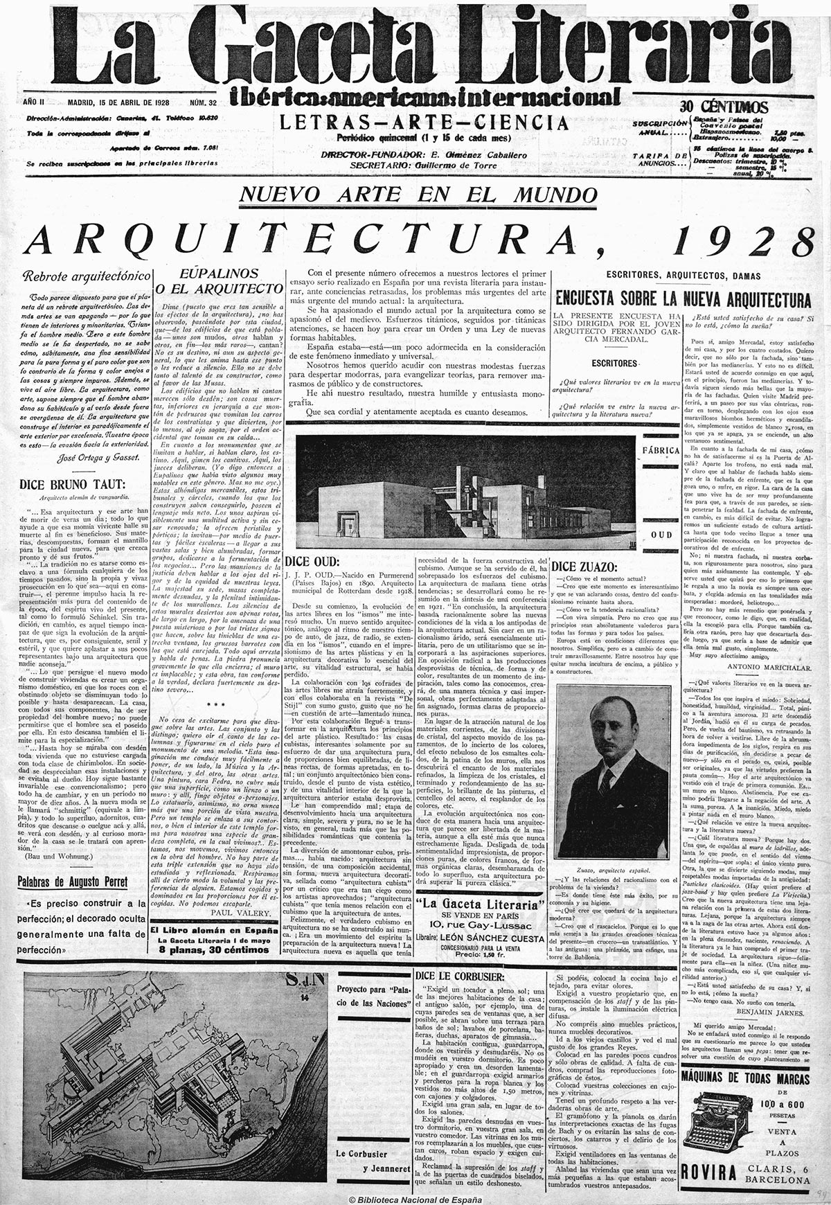 Encuesta sobre la nueva Arquitectura. La Gaceta Literaria. 15 abril 1928 | Fuente: Hemeroteca de la Biblioteca Nacional de España.