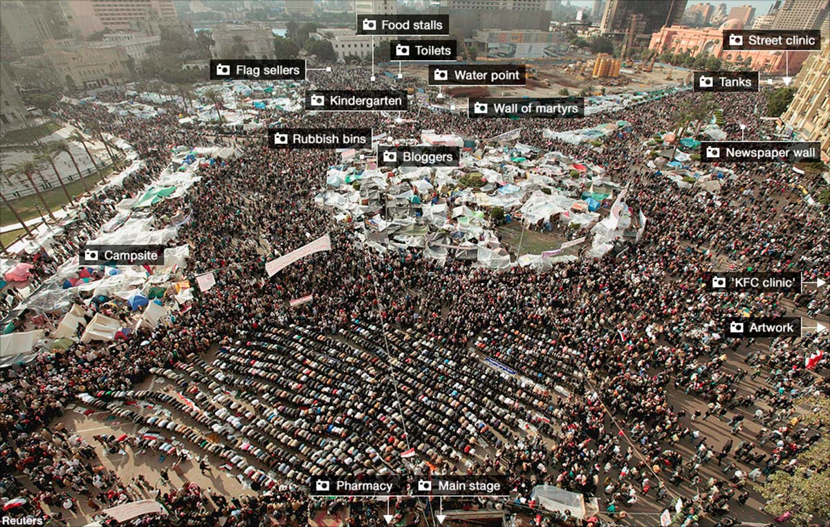 En la red se puede encontrar esta foto interactiva con la ocupación del espacio público de la plaza Tahrir en el centro de El Cairo. Febrero de 2011 | Fuente: bbc.co.uk