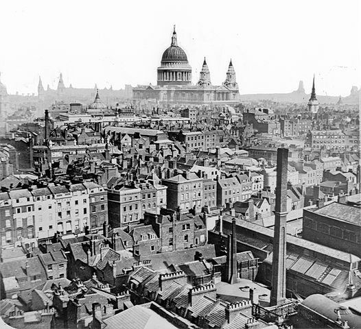 Una vista sobre los tejados de Londres de aproximadamente 1860-1883. La Catedral de San Pablo es vista en la distancia | Fuente: wikimedia.org