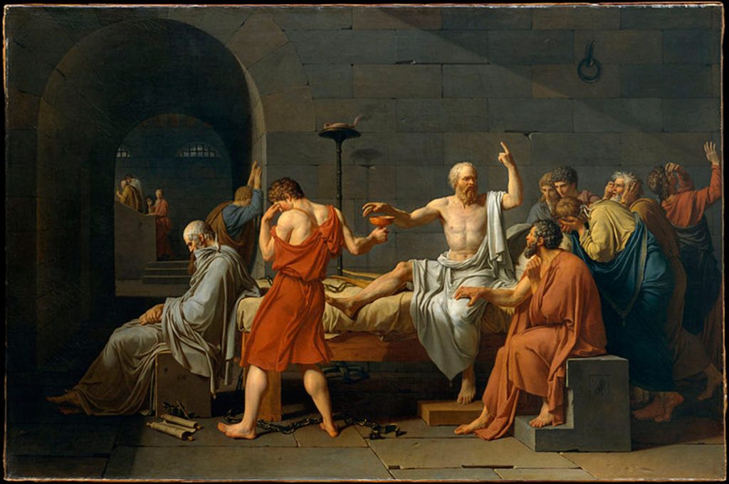 El conocido cuadro (1787) de Jacques Louis David sobre la muerte de Sócrates rodeado de sus discípulos...menos Platón que estaba enfermo | Fuente: wikipedia.com