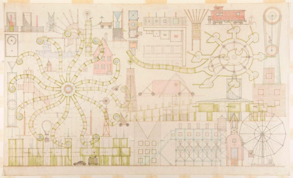 John Hejduk, Lancaster/Hanover Masque, 1980-1982. Lápiz color y grafito sobre papel traslucido [92.4 x 153.5]. Canadian Centre for Architecture. © Estate of John Hejduk