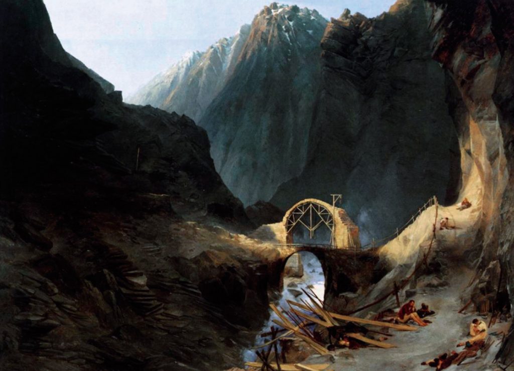 Karl Blevhen. Bau der Teufelsbrücke. c. 1830-1832. Óleo sobre lienzo. 77,8x104x5 cm. Bayerische Staatgemäldesammlungen. Munich.