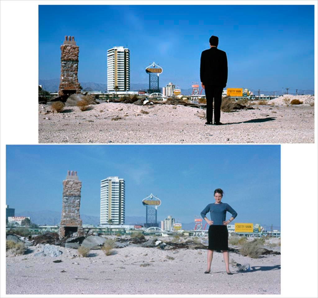 Relaciones entre las figuras humanas, la arquitectura y el espacio urbano a través de la fotografía como mirada crítica: Las Vegas and Denise Style, Bob Style and Magritte Stye. Juegos de escala manieristas. Fotografías: Robert Venturi y Denise Scott Brown, 1966