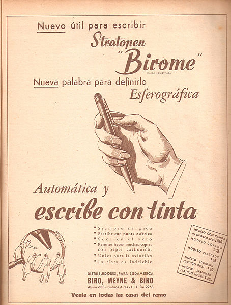 Boligrafo Bic Borja López Cotelo Propaganda comercial en la revista argentina Leoplán, de 1945, promoviendo la primera birome.
