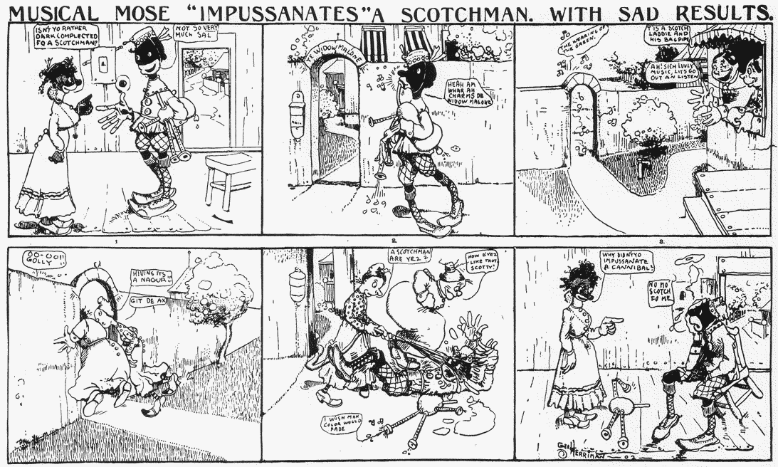 Krazy George epR Musical Mose comic strip Musical Mose 'Impussanates' a Scotchman, with Sad Results by George Herriman 1902-02-16