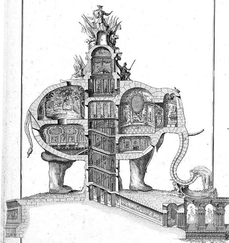 Edificios antropomórficos Jorge Gorostiza Sección del elefante diseñado por Charles François Ribart