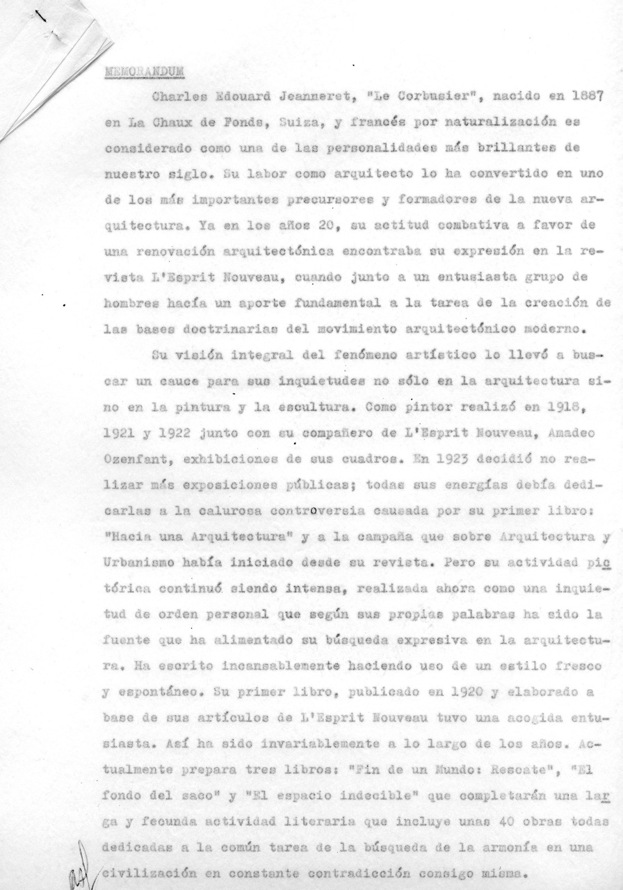 Le Corbusier y Todo llega al mar Primera página de la «semblanza» -Memorando que el Grupo presentó a las autoridades