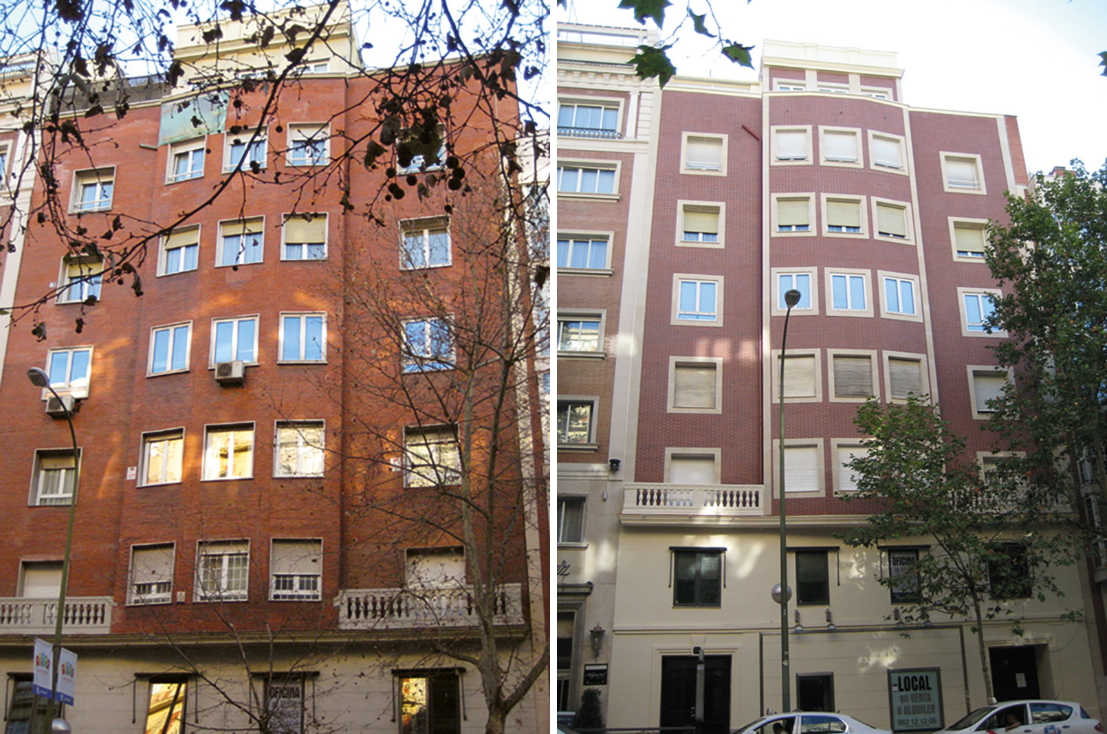 Antes y después - Rehabilitación de fachada con SATE Cerámico Termoklinker en calle Velázquez (Madrid)