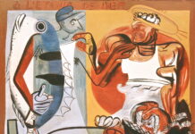 Corbu y el dueño del tarantín «L’Etoile de Mer», junto a su cabaña mediterránea. Se lee «reina la amistad», «Robert» (su amigo) y «San Andrés de los Erizos». Fragmento de un mural en la pared externa del tarantín.