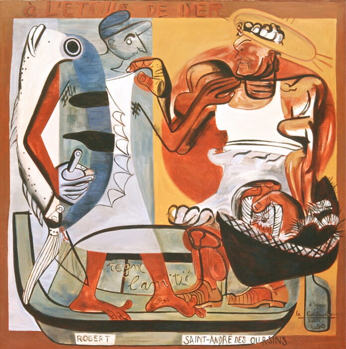 Corbu y el dueño del tarantín «L’Etoile de Mer», junto a su cabaña mediterránea. Se lee «reina la amistad», «Robert» (su amigo) y «San Andrés de los Erizos». Fragmento de un mural en la pared externa del tarantín. Corbu y el dueño del tarantín «L’Etoile de Mer», junto a su cabaña mediterránea. Se lee «reina la amistad», «Robert» (su amigo) y «San Andrés de los Erizos». Fragmento de un mural en la pared externa del tarantín.