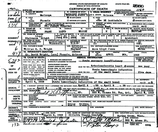 En el 148 (¿eh) aniversario del nacimiento de Frank Lloyd Wright José Ramón Hernández Correa FLW Partida defunc