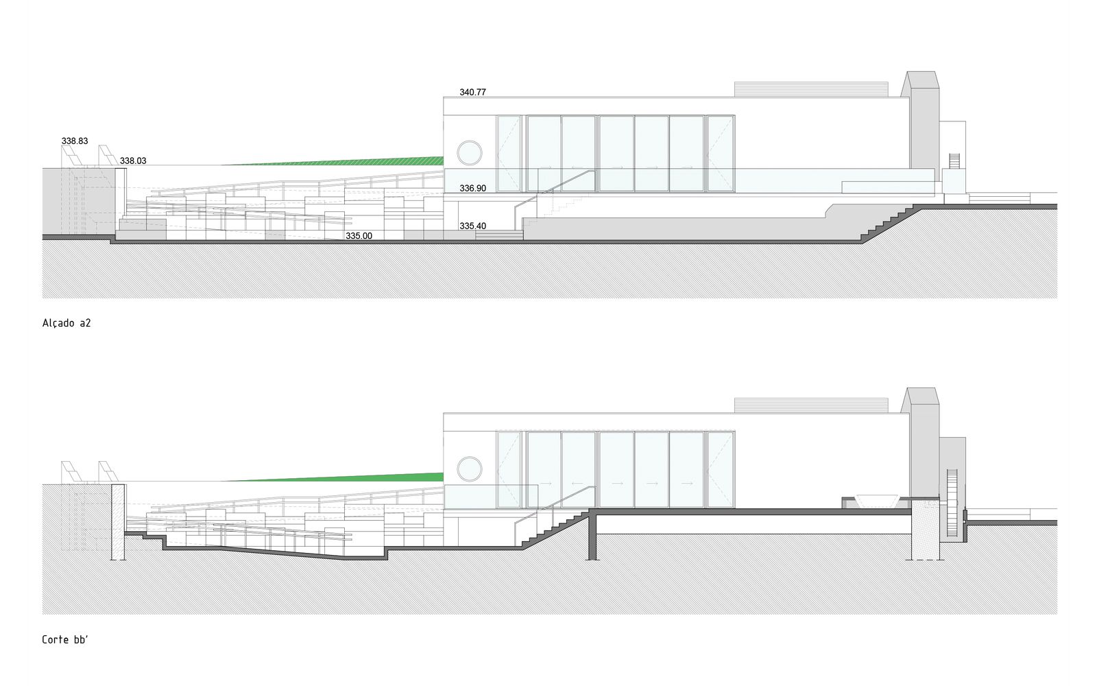 Bar de la playa fluvial de Almaceda dbA arquitectura © João Lopes Cardoso 14_almaceda_alzado-a2-y-seccion-bb