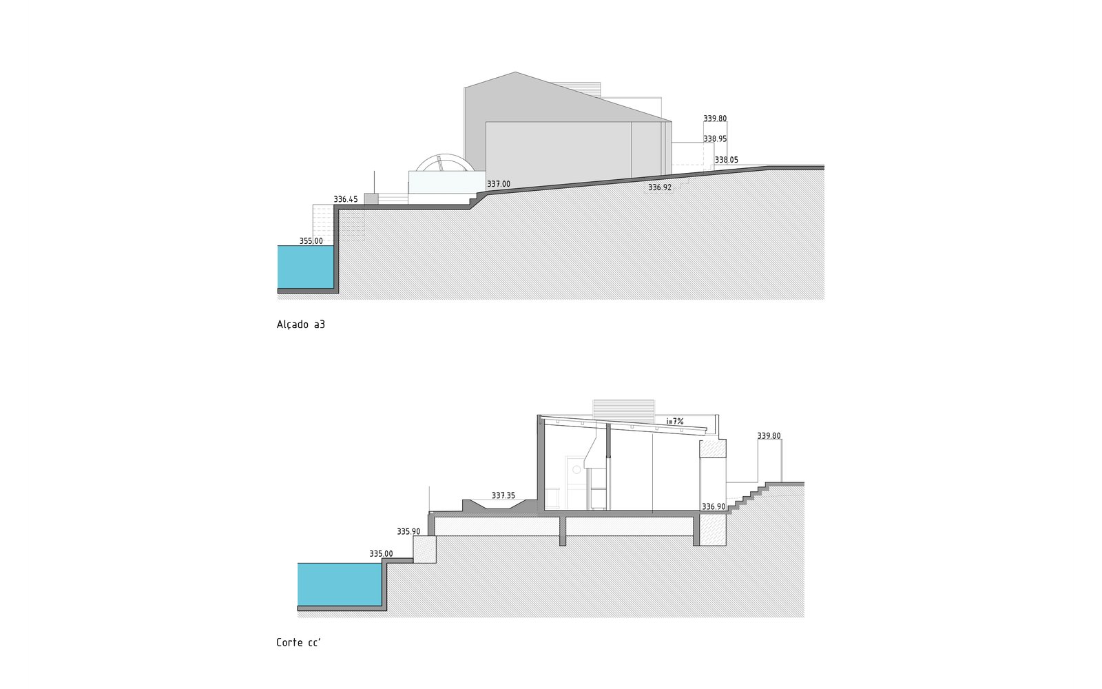 Bar de la playa fluvial de Almaceda dbA arquitectura © João Lopes Cardoso 15_almaceda_alzado-a3-y-seccion-cc
