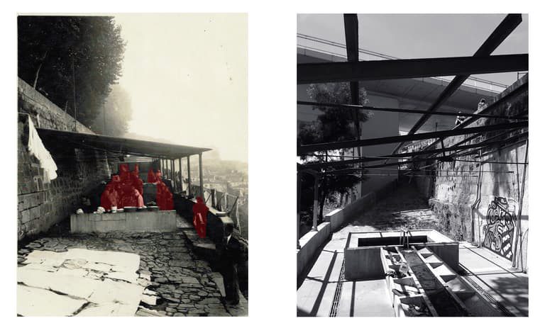 Two photographs of the Fontainhas washhouse side by side: on the left, an archive photograph from 1940 with the washerwomen coloured red under the shed and laundry spread on the ground; on the right, the same place in 2020, in black and white, in ruins, with the roof structure left without a covering.