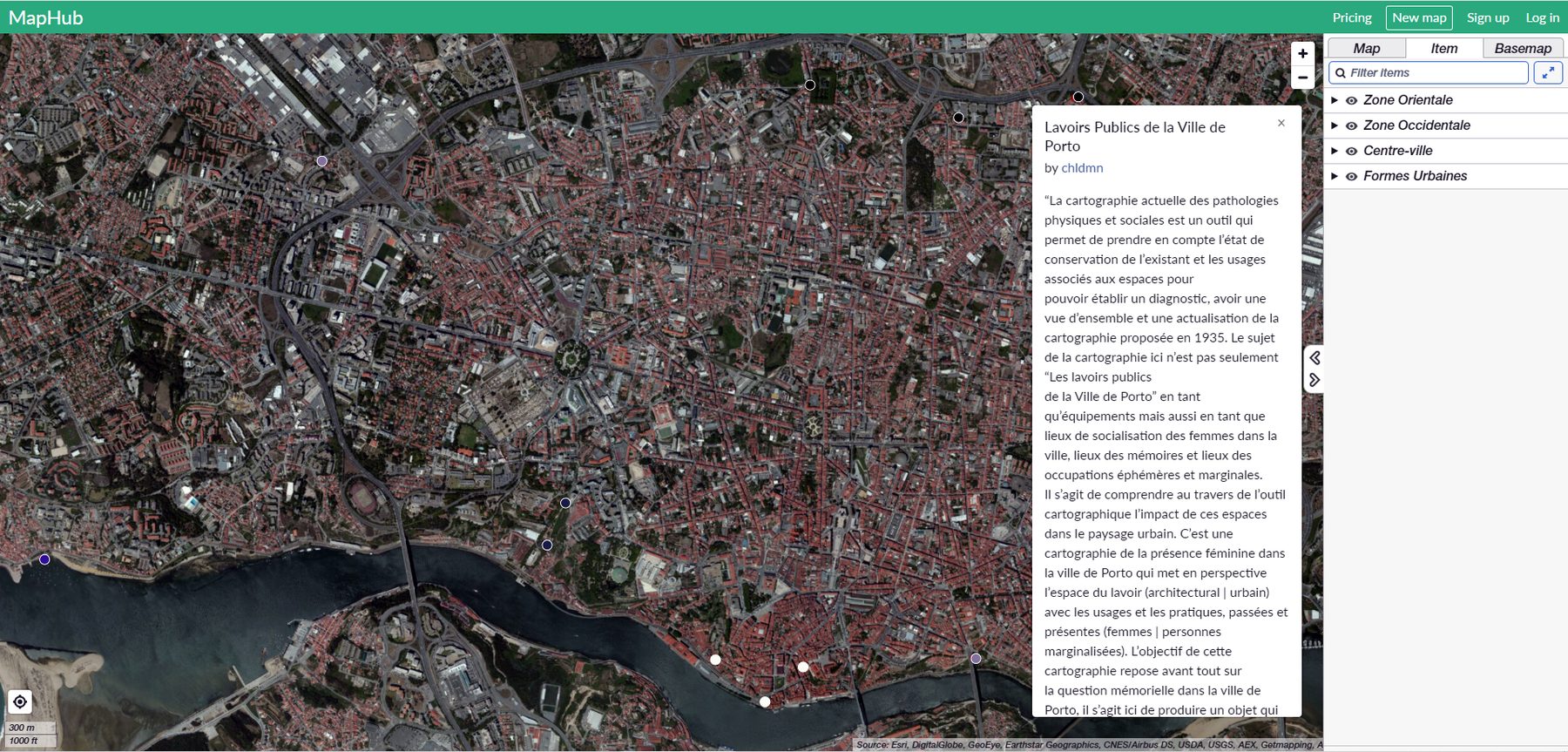 Screenshot of the digital map on MapHub: an aerial image of Porto and the River Douro with a side panel of text in French introducing the map “Lavoirs publics de la Ville de Porto”.