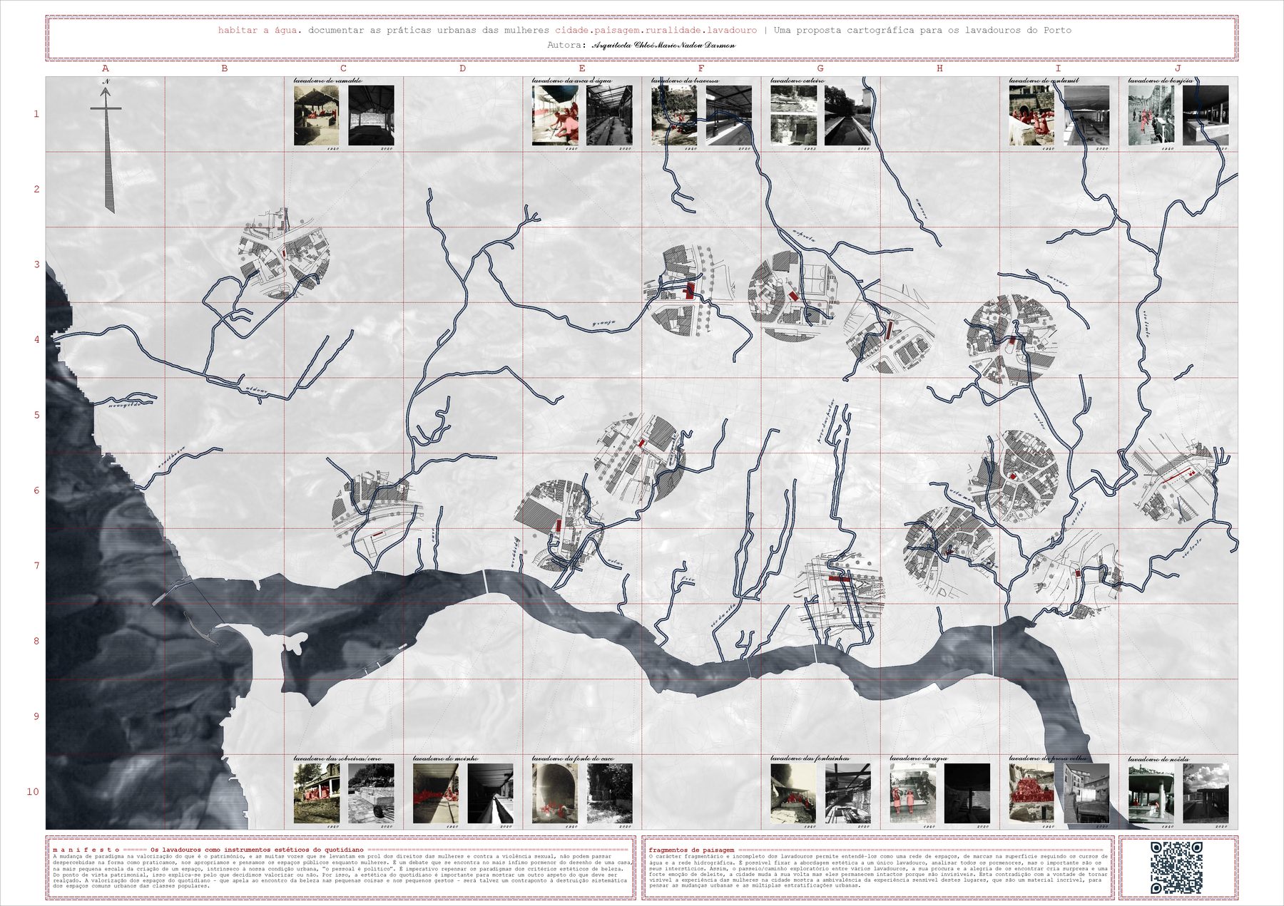 Cartography of the washhouses of Porto on a grid A–J and 1–10: watercourses in dark blue on a pale grey background flowing into the Douro; circles with plans of the surroundings of each washhouse; along the top and bottom edges, pairs of photographs of each washhouse (before and after), with texts and a QR code at the foot.