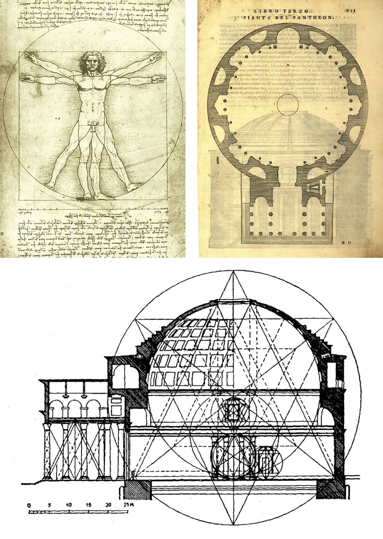 Composición de tres imágenes. Arriba a la izquierda, el dibujo del Hombre de Vitruvio de Leonardo, una figura humana con brazos y piernas extendidos inscrita en un círculo y un cuadrado, con texto manuscrito. Arriba a la derecha, grabado de la planta del Panteón de Roma, rotonda circular con pórtico, del libro de Serlio. Abajo, sección del Panteón con la cúpula inscrita en un círculo y trazados geométricos de cuadrados, triángulos y circunferencias superpuestos, con escala gráfica.