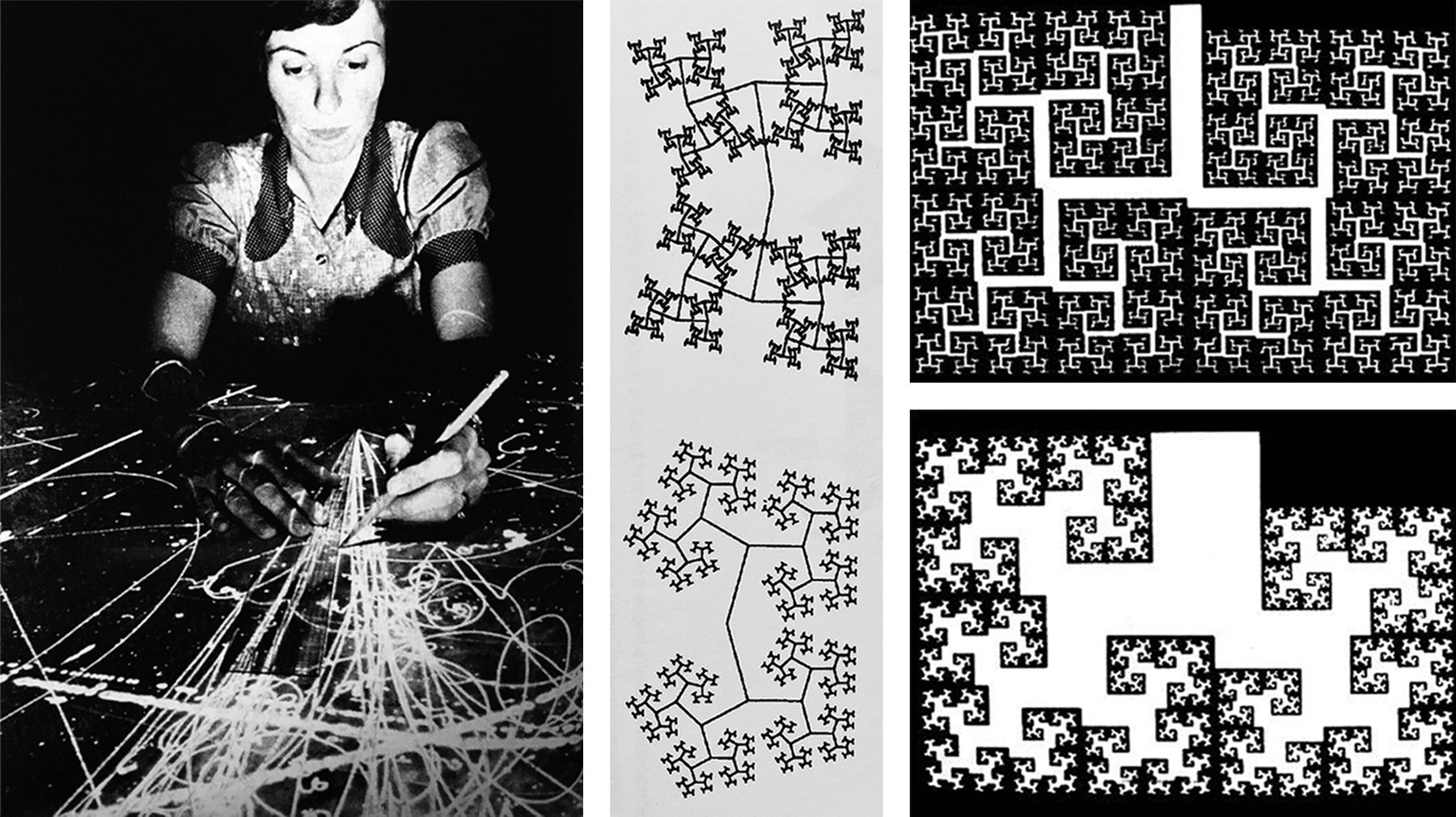 Tres imágenes en blanco y negro. A la izquierda, una mujer traza con una regla las trayectorias de partículas sobre una fotografía de líneas curvas y entrecruzadas. En el centro, dos estructuras fractales ramificadas en forma de árbol. A la derecha, dos patrones fractales en blanco y negro de contornos recursivos, que recuerdan tramas urbanas.