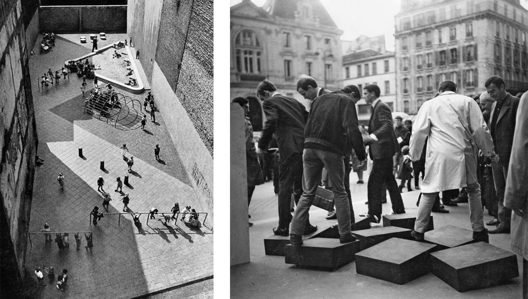 Dos fotografías en blanco y negro. A la izquierda, vista aérea del playground de Dijkstraat entre medianeras, con un área de juego triangular, una estructura de barras y niños dispersos. A la derecha, un grupo de personas camina sobre losas móviles inclinadas en una calle de París, con edificios de viviendas al fondo.