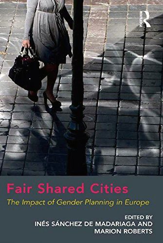 Cubierta del libro «Fair Shared Cities. The Impact of Gender Planning in Europe»: una mujer con bolso camina por una acera de baldosas con sombras alargadas; abajo, el título en rosa y los nombres de las editoras.