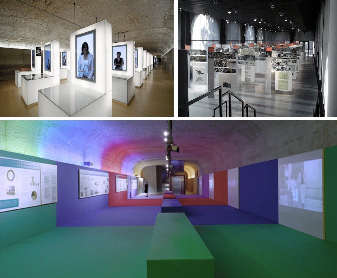 Tres fotografías de exposiciones. Arriba a la izquierda, una sala abovedada con vitrinas blancas iluminadas que muestran retratos de mujeres; arriba a la derecha, una nave diáfana con paneles de fotografías y planos sobre soportes; abajo, una galería abovedada con suelo y paredes pintados en verde, azul y rojo, paneles informativos y una proyección.