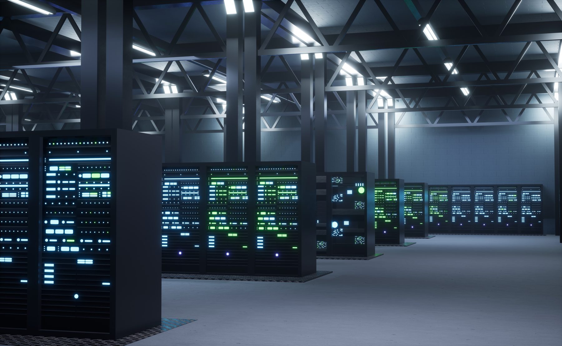 Imagen digital de una gran sala de servidores: filas de armarios negros con luces verdes y azules sobre un suelo gris, bajo una cubierta de estructura metálica iluminada.