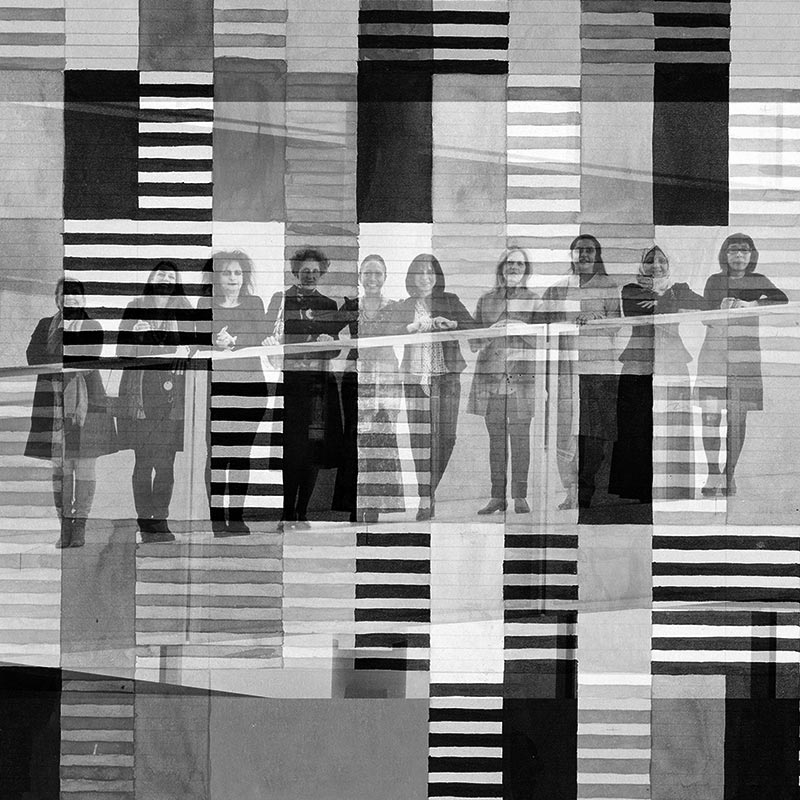 Composición de Inés Novella Abril. Base fotografía del jurado el Premio ArcVision de 2014 (Fuente: Fondazione Pesenti) y boceto para el diseño de un tapiz de seda, Anni Albers, 1926. 